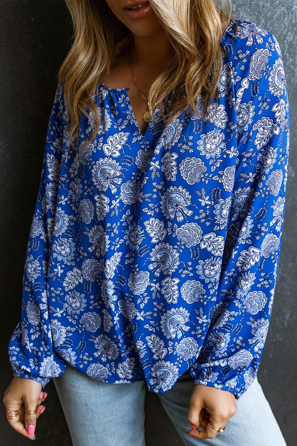 Floral Notched Neck Balloon Sleeve Blouse BLUE ZONE PLANET