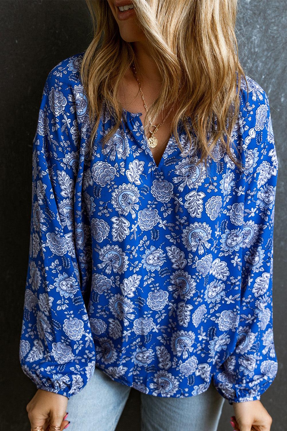 Floral Notched Neck Balloon Sleeve Blouse BLUE ZONE PLANET