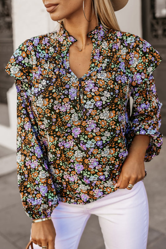 Floral Notched Neck Blouse BLUE ZONE PLANET