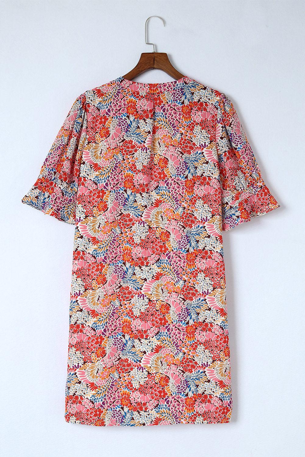 Floral Notched Neck Flounce Sleeve Shift Dress BLUE ZONE PLANET