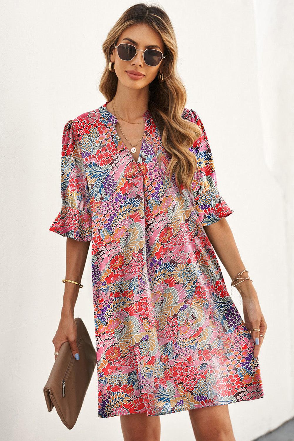 Floral Notched Neck Flounce Sleeve Shift Dress BLUE ZONE PLANET