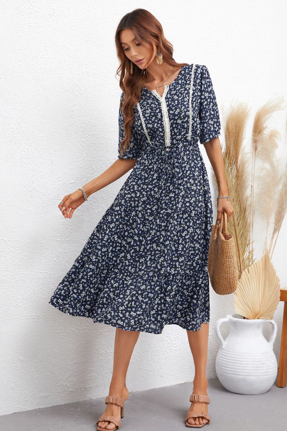 Floral Notched Neck Lace Trim Midi Dress BLUE ZONE PLANET