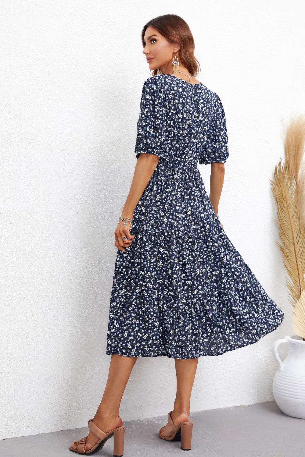 Floral Notched Neck Lace Trim Midi Dress BLUE ZONE PLANET