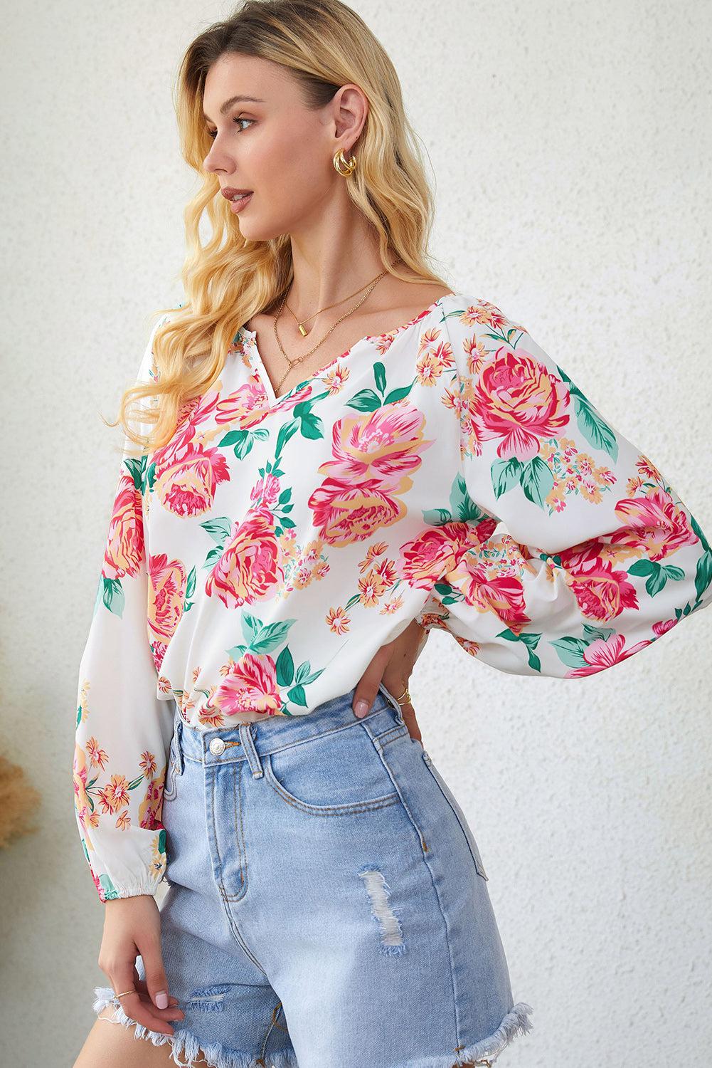 Floral Notched Neck Long Sleeve Blouse BLUE ZONE PLANET