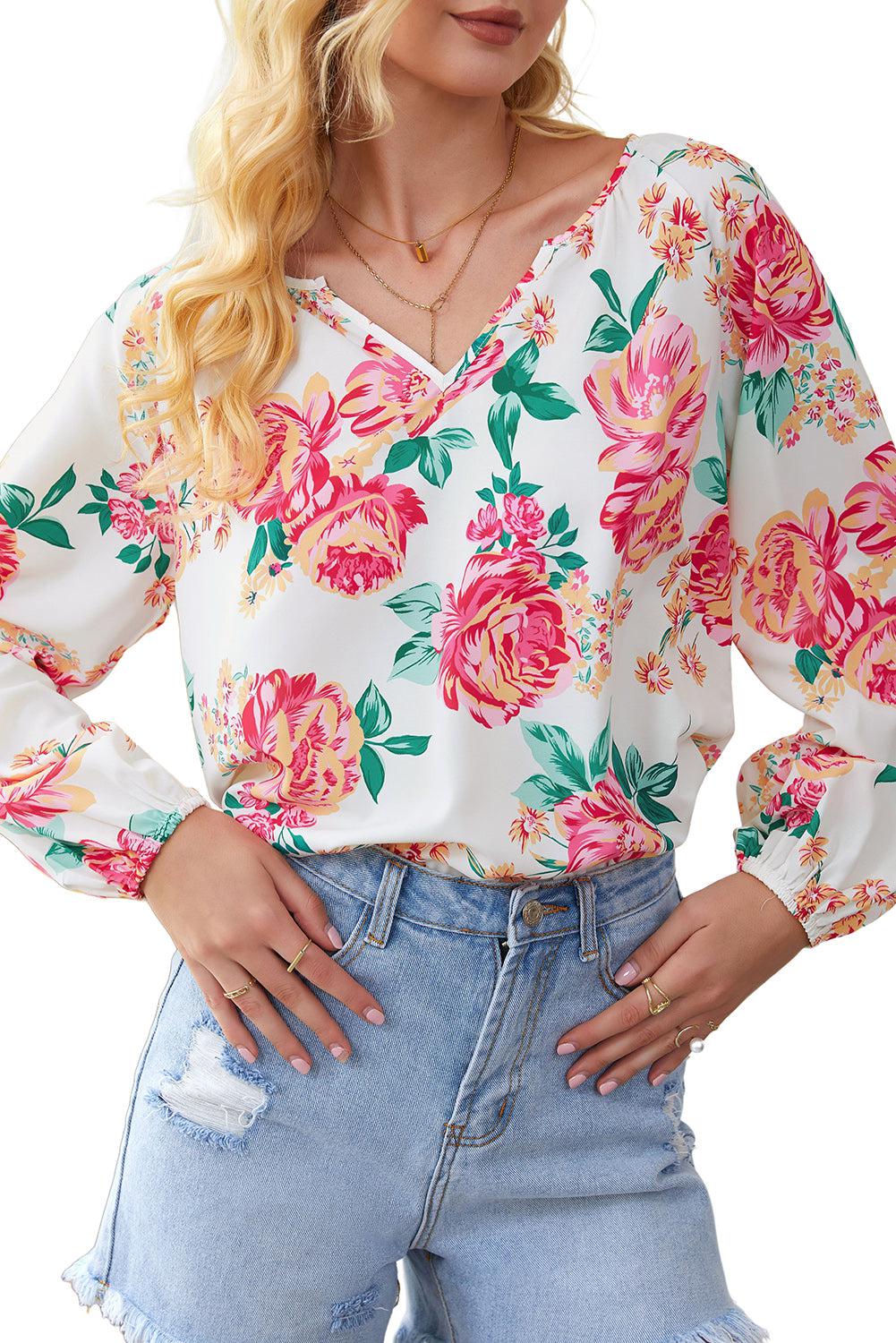 Floral Notched Neck Long Sleeve Blouse BLUE ZONE PLANET