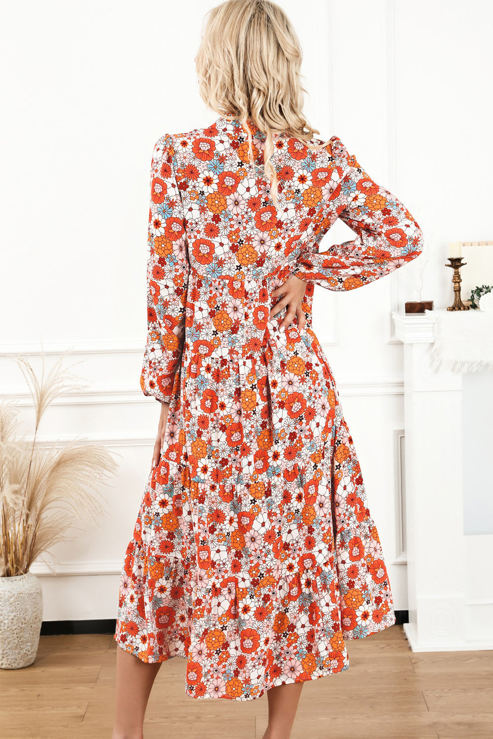 Floral Notched Neck Long Sleeve Dress BLUE ZONE PLANET