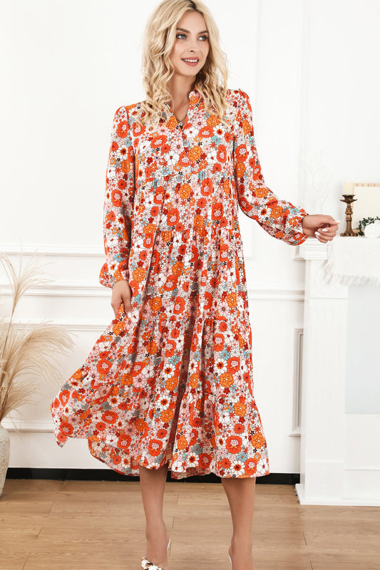 Floral Notched Neck Long Sleeve Dress BLUE ZONE PLANET