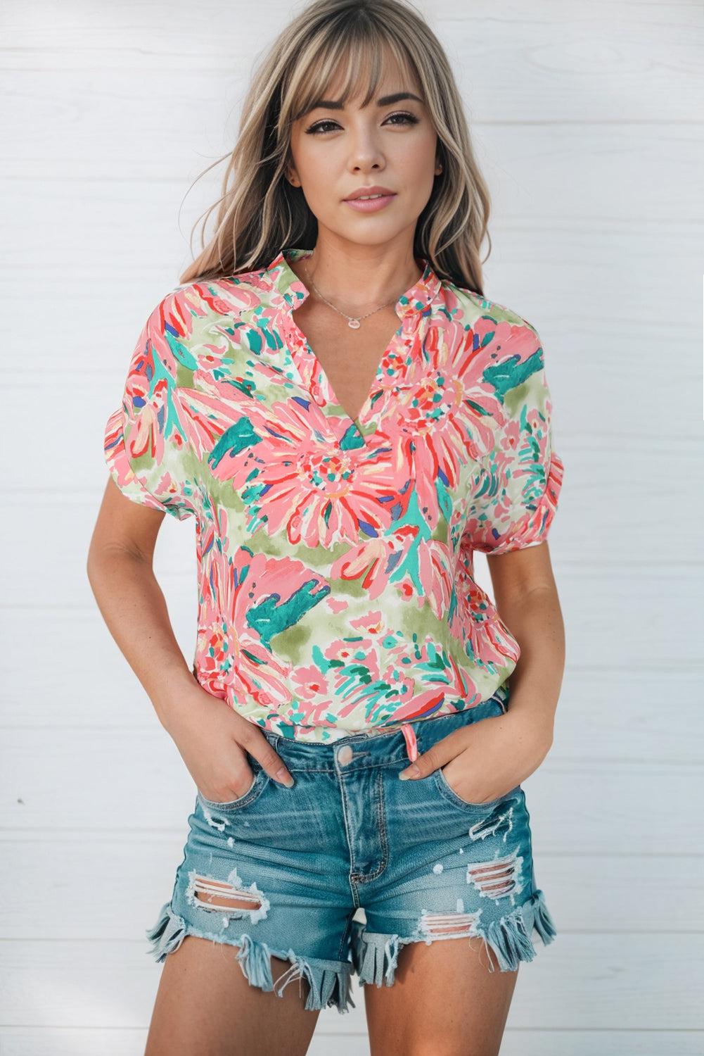 Floral Notched Neck Short Sleeve Top BLUE ZONE PLANET