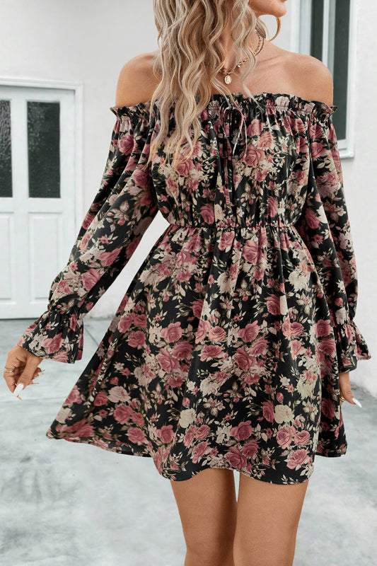 Floral Off-Shoulder Flounce Sleeve Dress-TOPS / DRESSES-[Adult]-[Female]-Black-S-2022 Online Blue Zone Planet