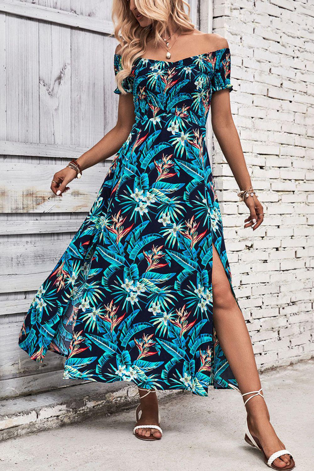 Floral Off-Shoulder Slit Dress BLUE ZONE PLANET