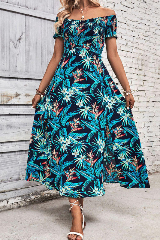 Floral Off-Shoulder Slit Dress BLUE ZONE PLANET