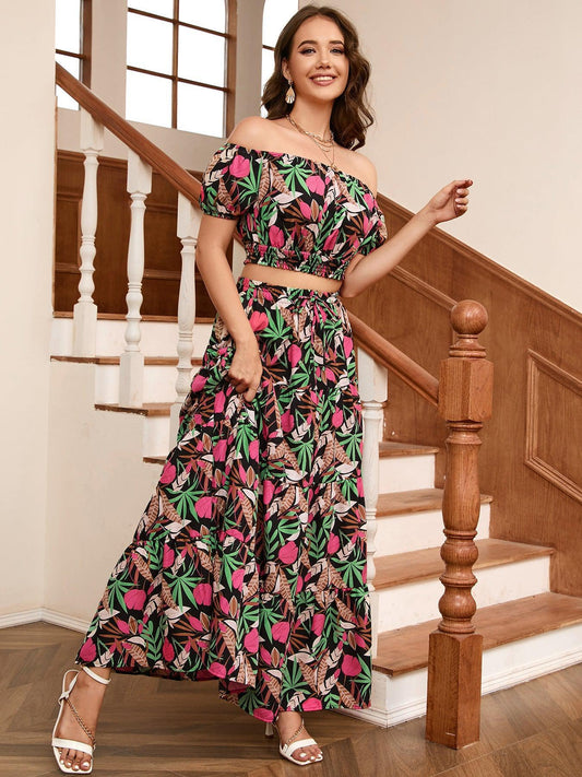 Floral Off-Shoulder Top and Maxi Skirt Set BLUE ZONE PLANET