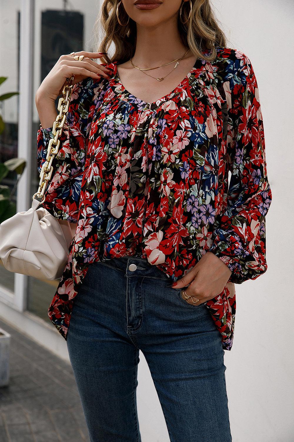 Floral Print Balloon Sleeve Ruched Blouse BLUE ZONE PLANET