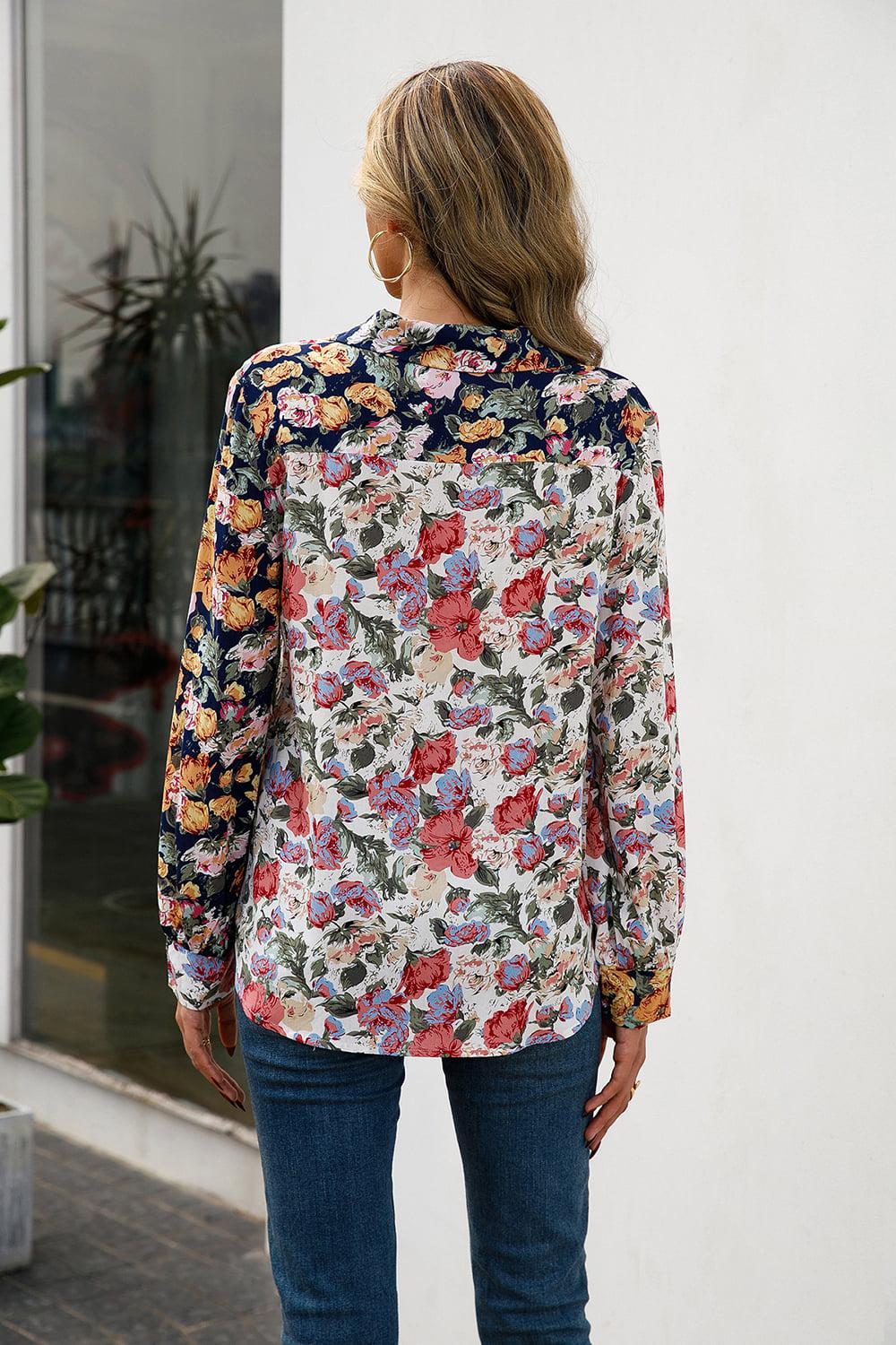 Floral Print Collared Neck Long Sleeve Shirt BLUE ZONE PLANET