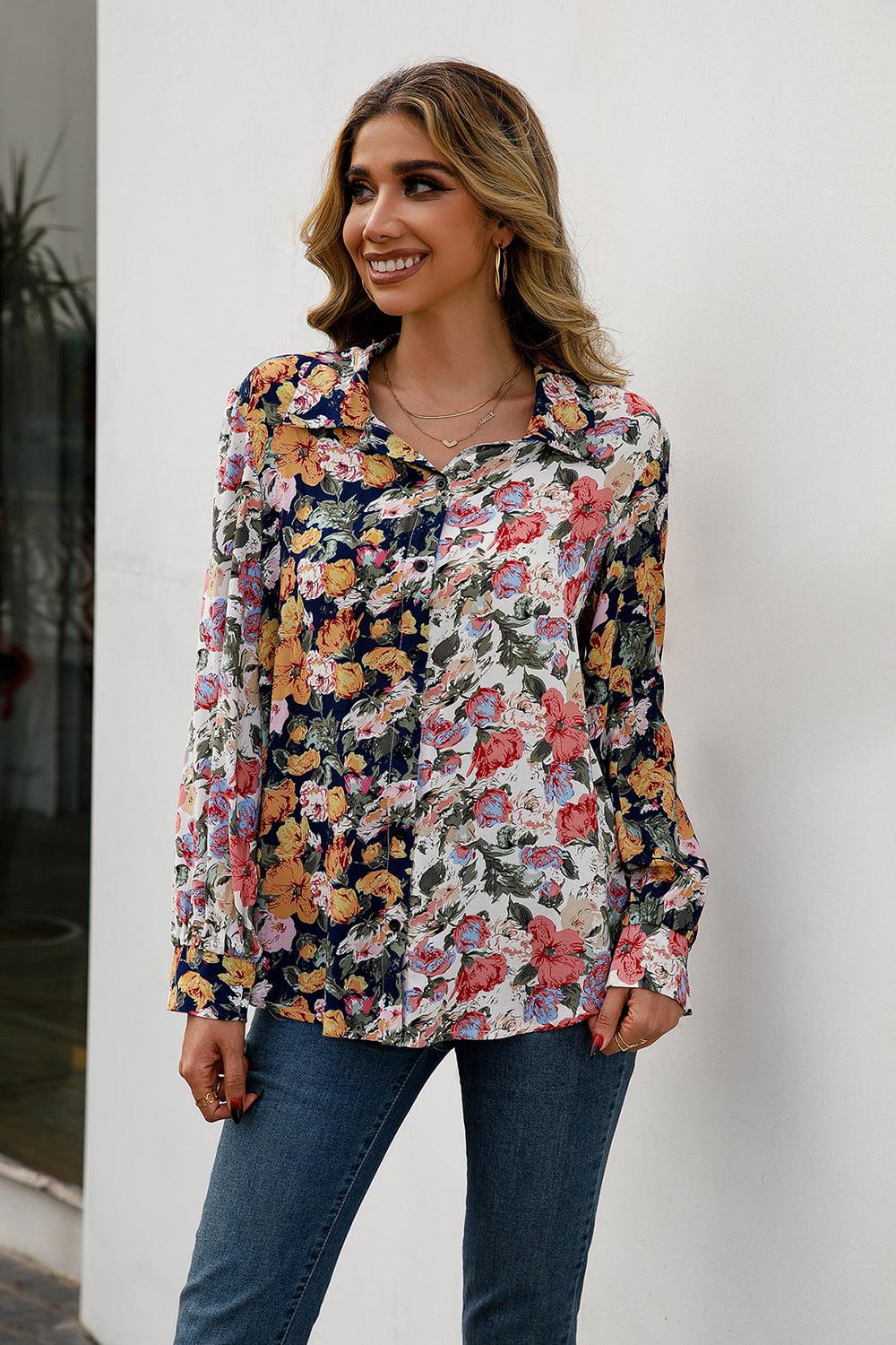 Floral Print Collared Neck Long Sleeve Shirt BLUE ZONE PLANET