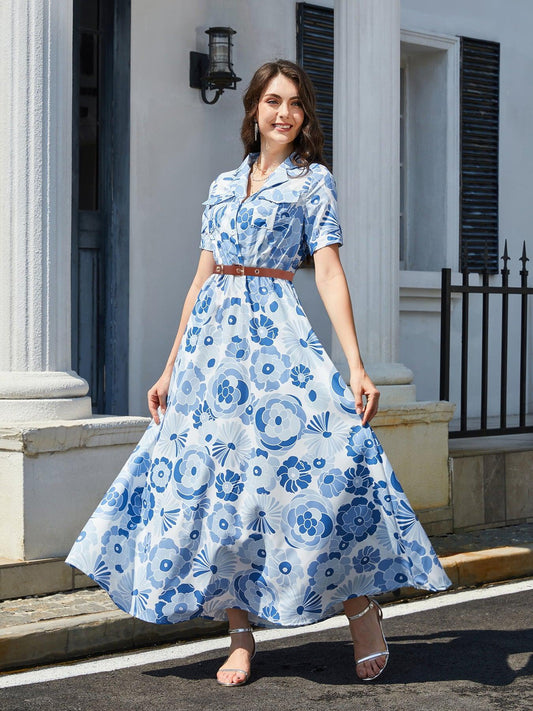 Floral Print Lapel Collar Short Sleeve Maxi Dress BLUE ZONE PLANET