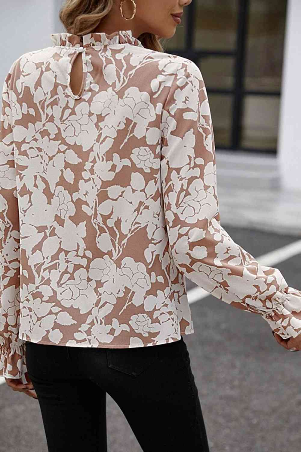 Floral Print Mock Neck Flounce Sleeve Blouse BLUE ZONE PLANET