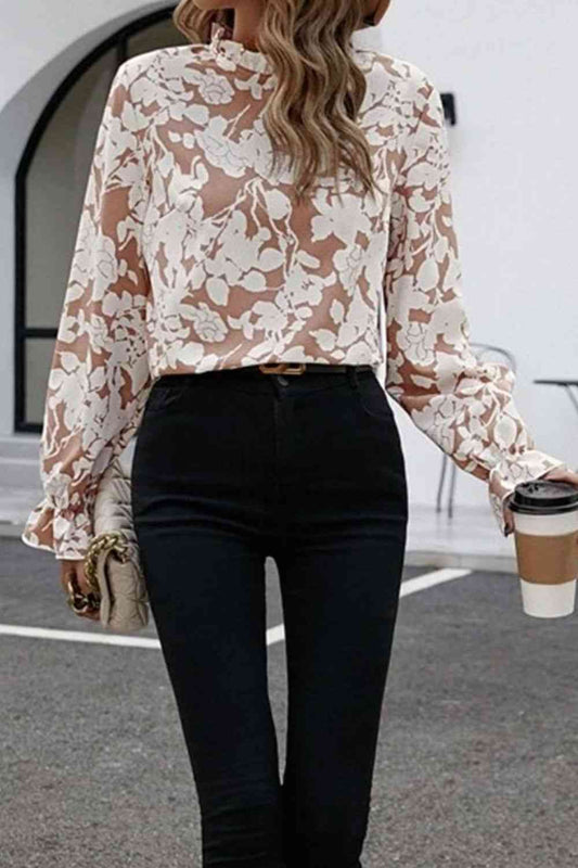 Floral Print Mock Neck Flounce Sleeve Blouse BLUE ZONE PLANET