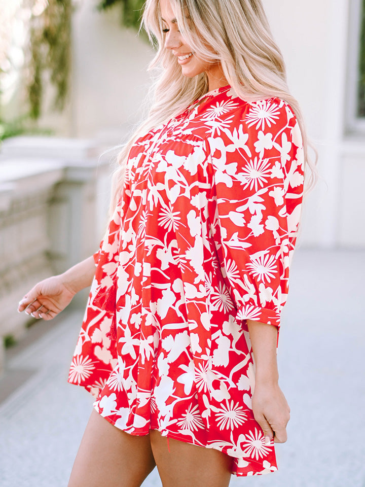 Floral Print Notched Neck Mini Dress BLUE ZONE PLANET