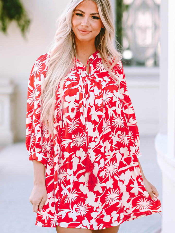 Floral Print Notched Neck Mini Dress BLUE ZONE PLANET