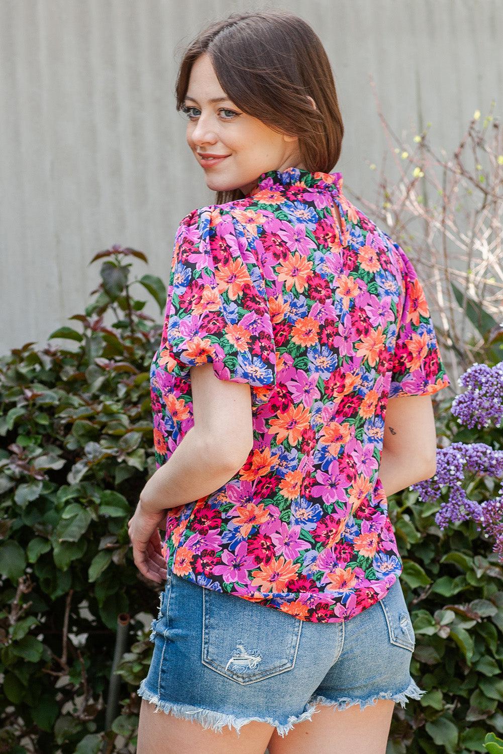 Floral Print Puff Sleeve Round Neck Blouse BLUE ZONE PLANET