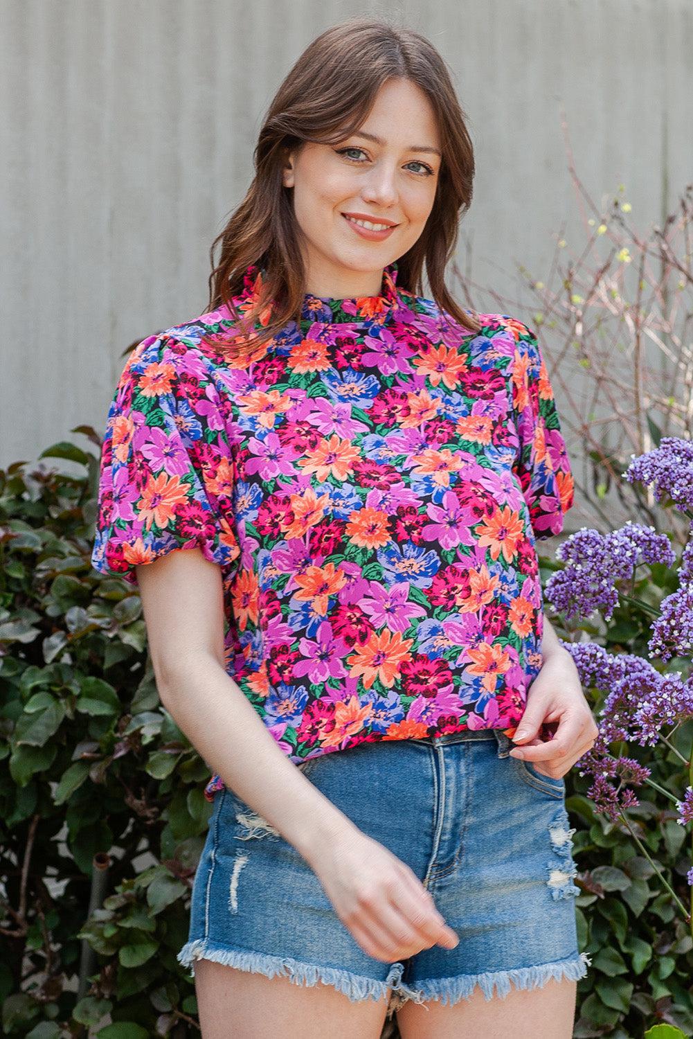 Floral Print Puff Sleeve Round Neck Blouse BLUE ZONE PLANET