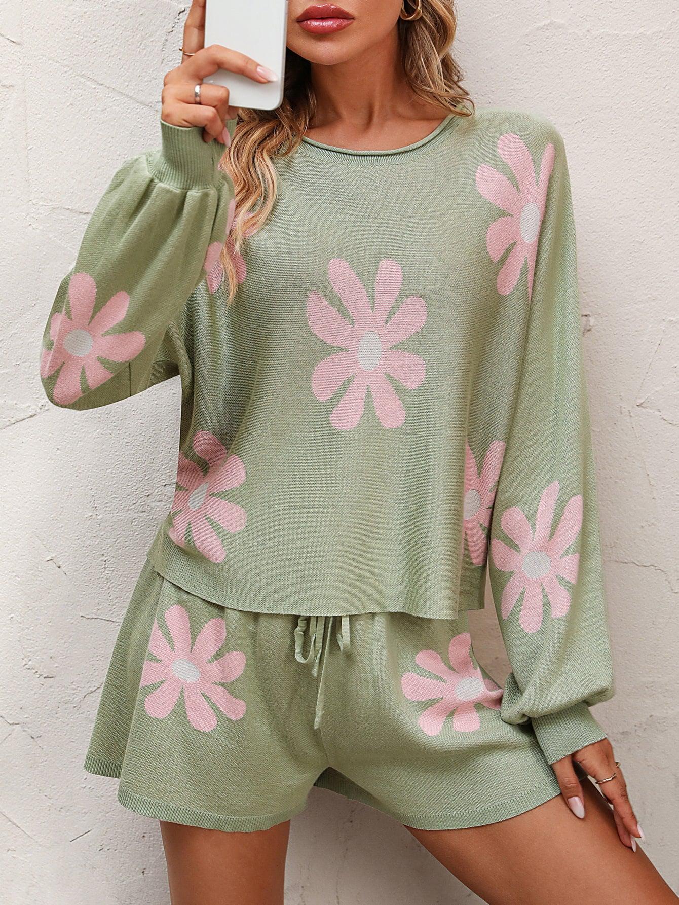 Floral Print Raglan Sleeve Knit Top and Tie Front Sweater Shorts Set BLUE ZONE PLANET