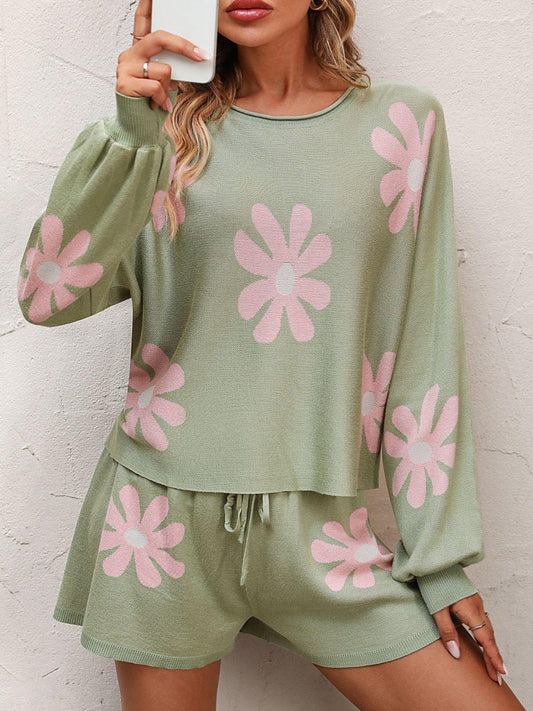 Floral Print Raglan Sleeve Knit Top and Tie Front Sweater Shorts Set BLUE ZONE PLANET