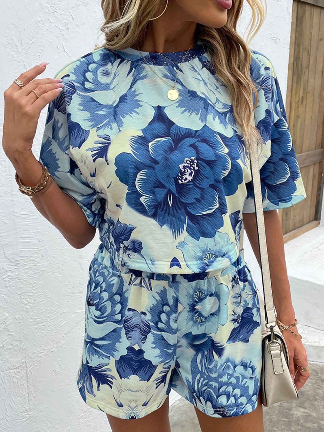 Floral Print Round Neck Dropped Shoulder Half Sleeve Top and Shorts Set BLUE ZONE PLANET