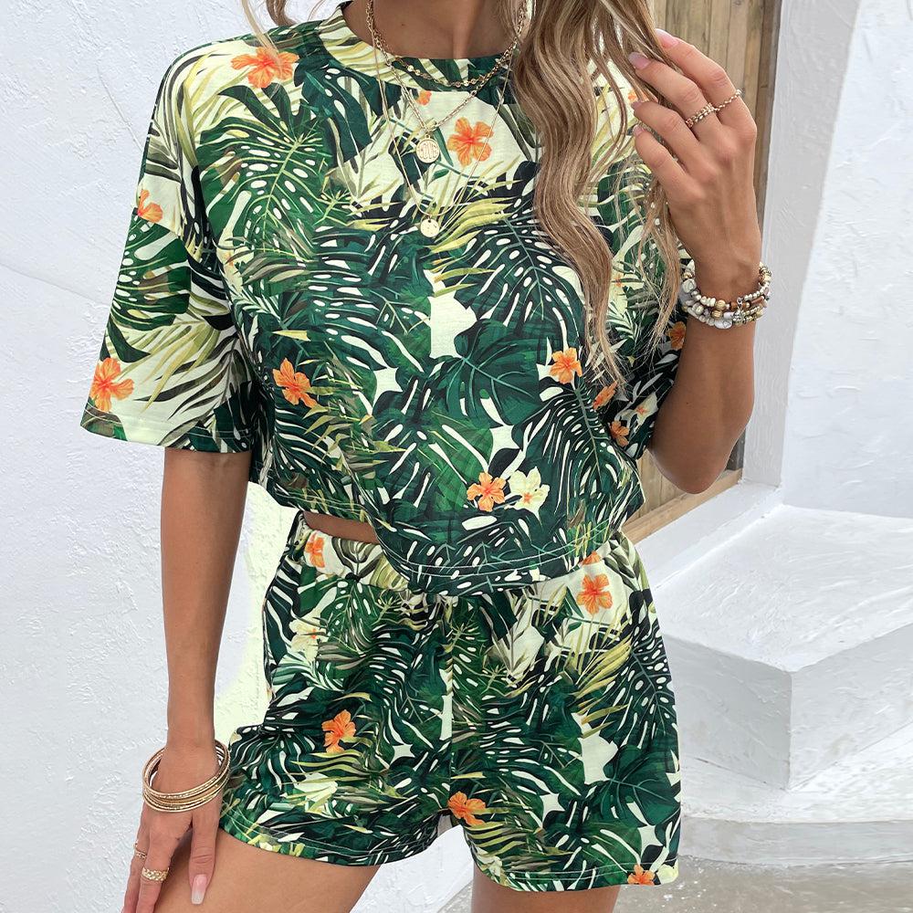 Floral Print Round Neck Dropped Shoulder Half Sleeve Top and Shorts Set BLUE ZONE PLANET