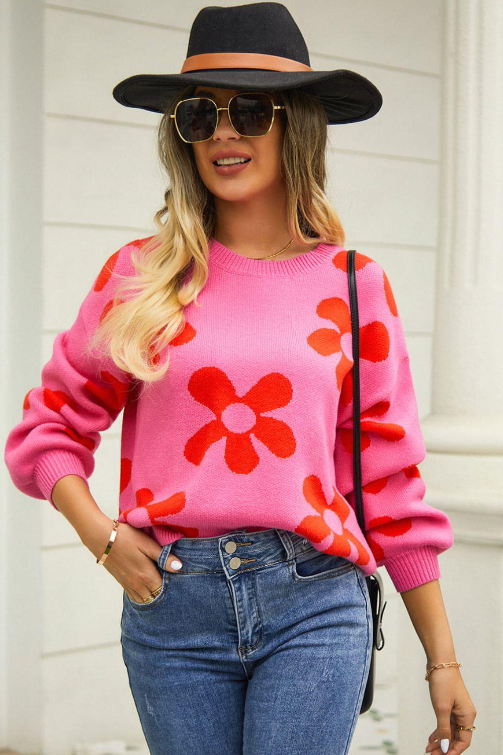 Floral Print Round Neck Dropped Shoulder Pullover Sweater BLUE ZONE PLANET