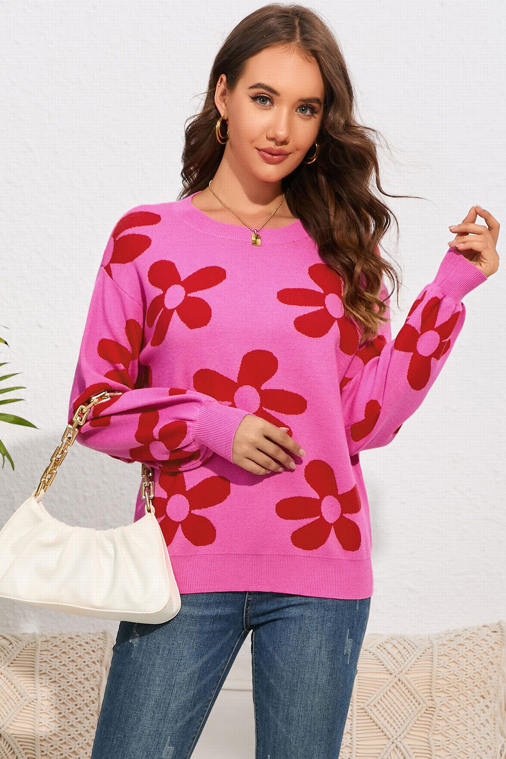 Floral Print Round Neck Dropped Shoulder Sweater BLUE ZONE PLANET