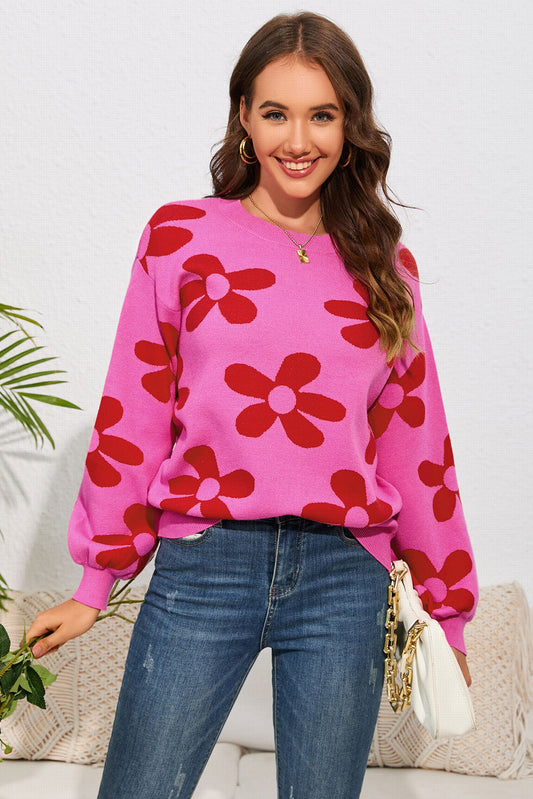 Floral Print Round Neck Dropped Shoulder Sweater BLUE ZONE PLANET