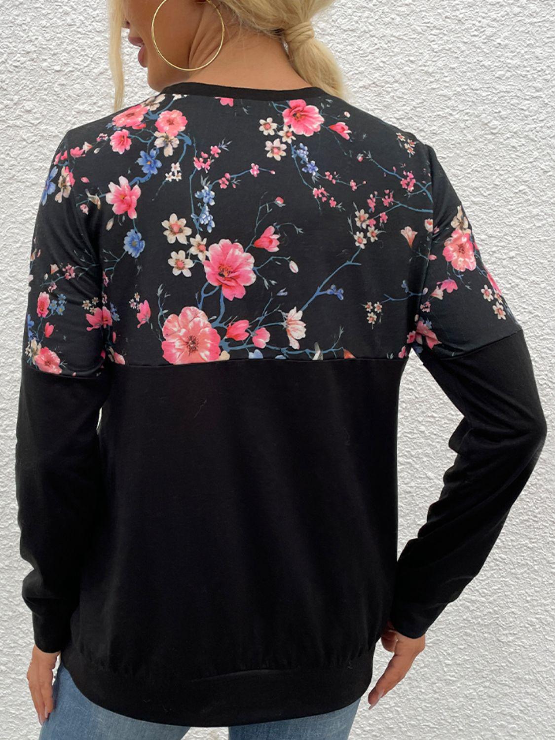 Floral Print Round Neck Dropped Shoulder Tee BLUE ZONE PLANET