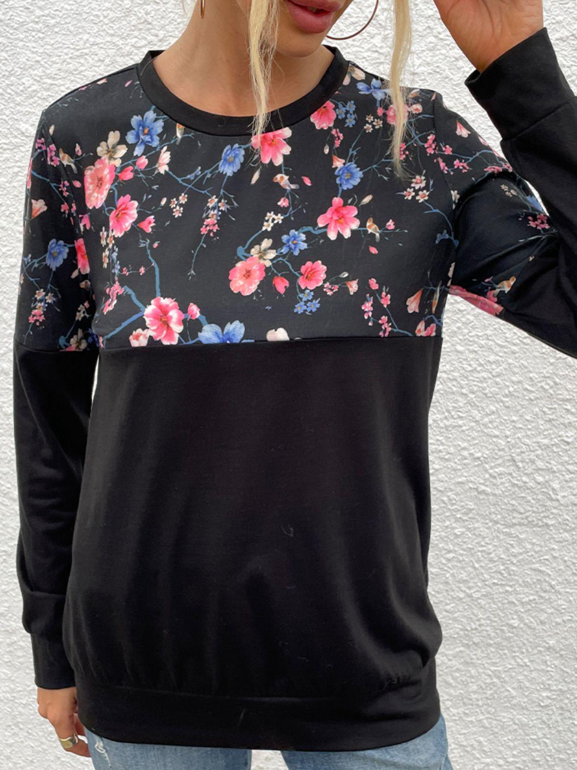 Floral Print Round Neck Dropped Shoulder Tee BLUE ZONE PLANET