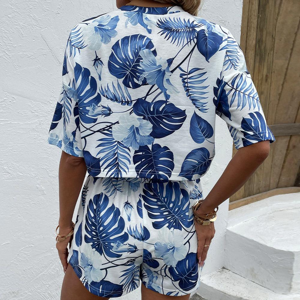 Floral Print Round Neck Dropped Shoulder Top and Shorts Set BLUE ZONE PLANET