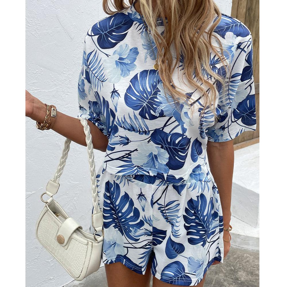 Floral Print Round Neck Dropped Shoulder Top and Shorts Set BLUE ZONE PLANET