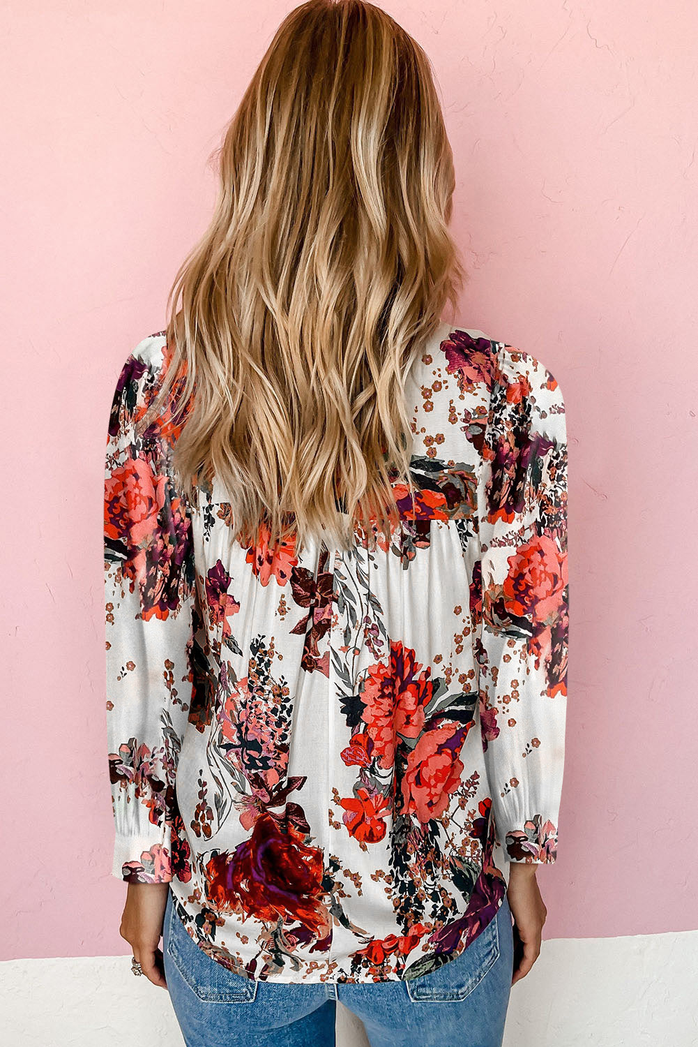 Floral Print Round Neck Long Sleeve Blouse BLUE ZONE PLANET