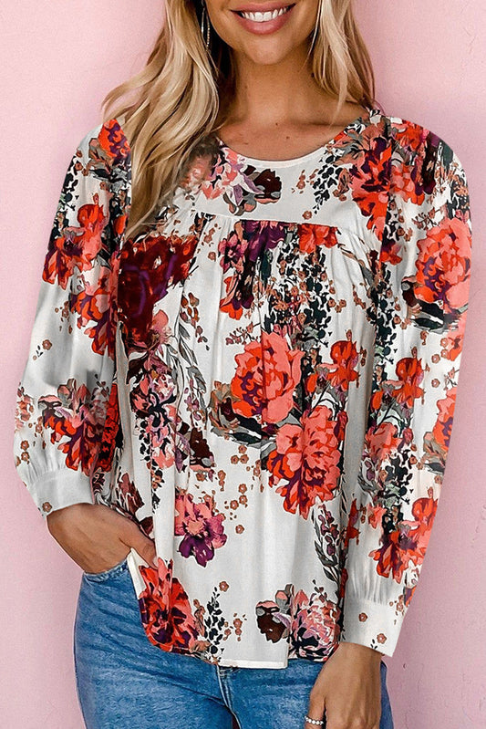 Floral Print Round Neck Long Sleeve Blouse BLUE ZONE PLANET