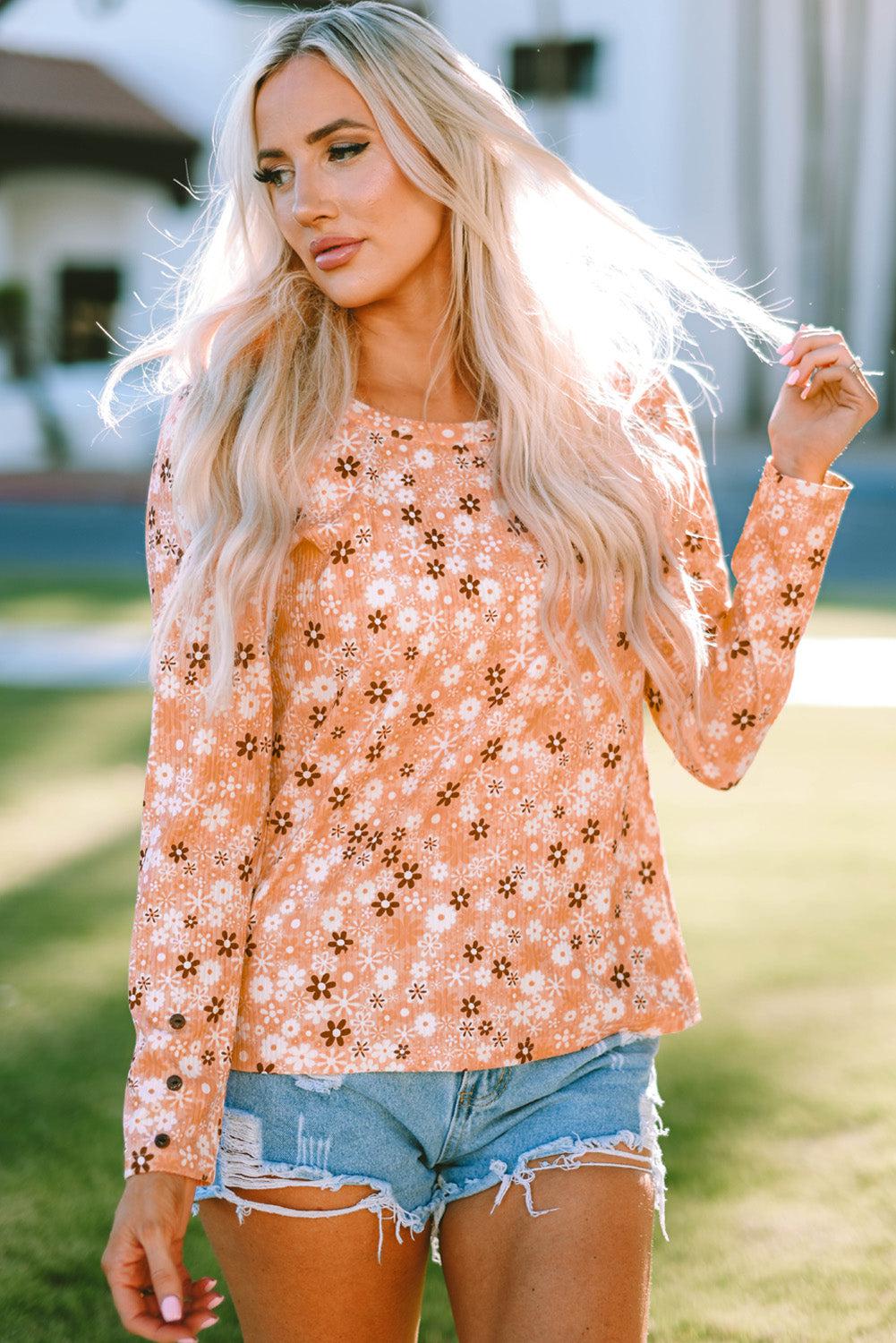 Floral Print Round Neck Long Sleeve Tee BLUE ZONE PLANET