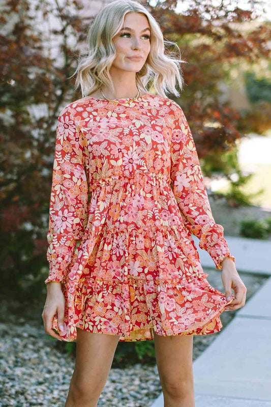 Floral Print Round Neck Long Sleeve Tiered Dress BLUE ZONE PLANET