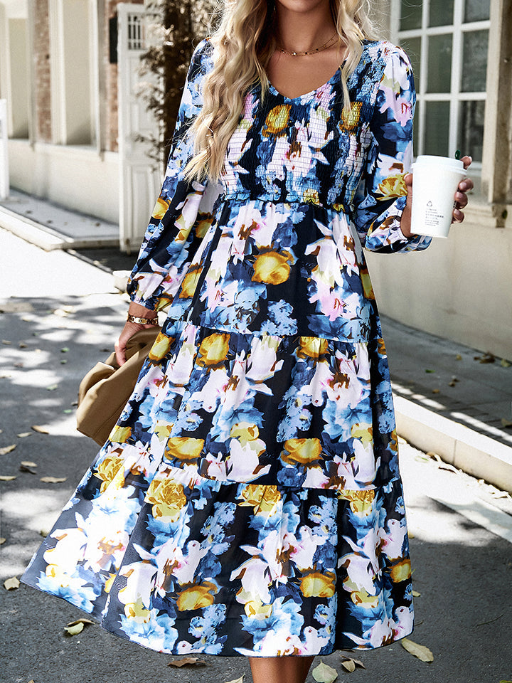 Floral Print Smocked Midi Dress BLUE ZONE PLANET