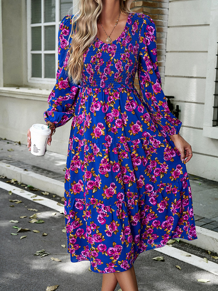 Floral Print Smocked Midi Dress BLUE ZONE PLANET