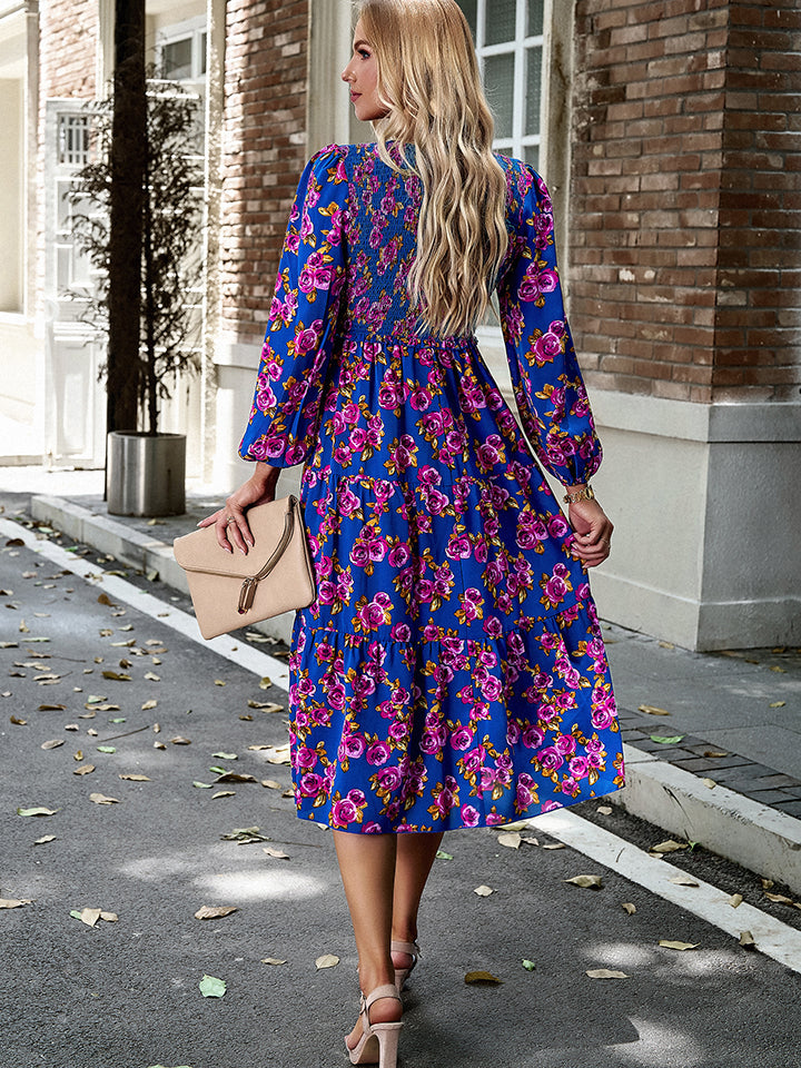 Floral Print Smocked Midi Dress BLUE ZONE PLANET