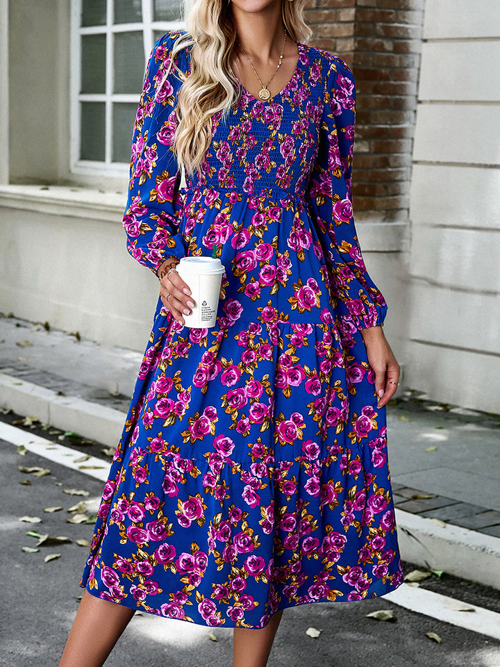 Floral Print Smocked Midi Dress BLUE ZONE PLANET