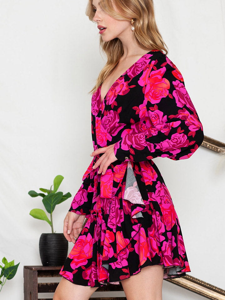 Floral Print Surplice Neck Long Sleeve Dress BLUE ZONE PLANET