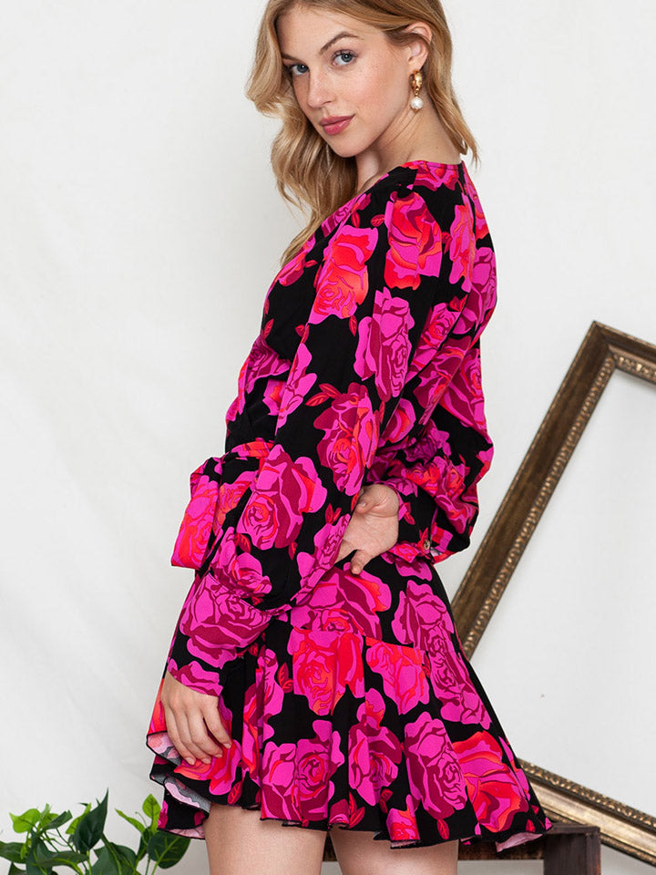 Floral Print Surplice Neck Long Sleeve Dress BLUE ZONE PLANET