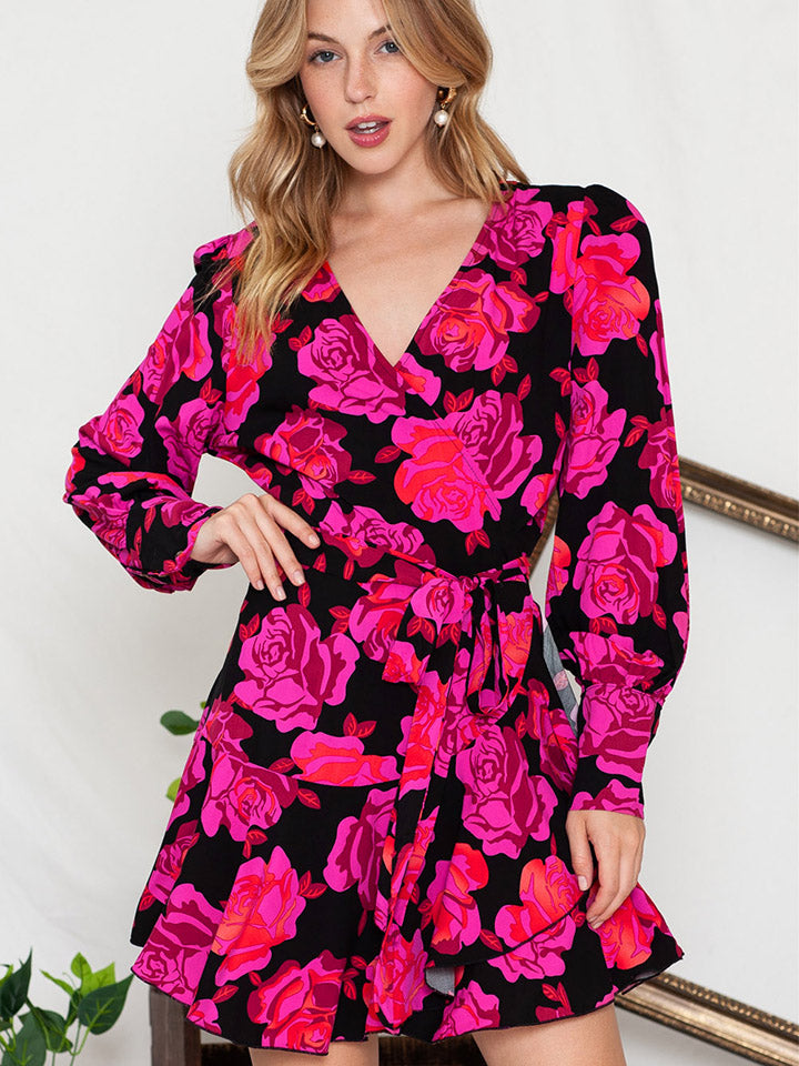 Floral Print Surplice Neck Long Sleeve Dress BLUE ZONE PLANET