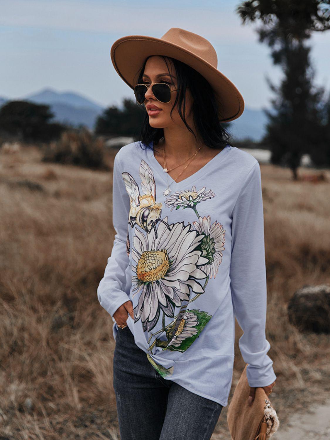 Floral Print Twisted V-Neck Long Sleeve Tee BLUE ZONE PLANET