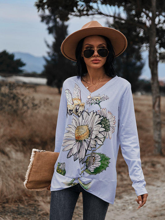 Floral Print Twisted V-Neck Long Sleeve Tee BLUE ZONE PLANET